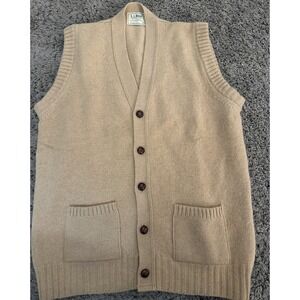 LLBean Vintage Sweater Vest Camel Hair Lambswool Button Up Pockets Large EUC USA